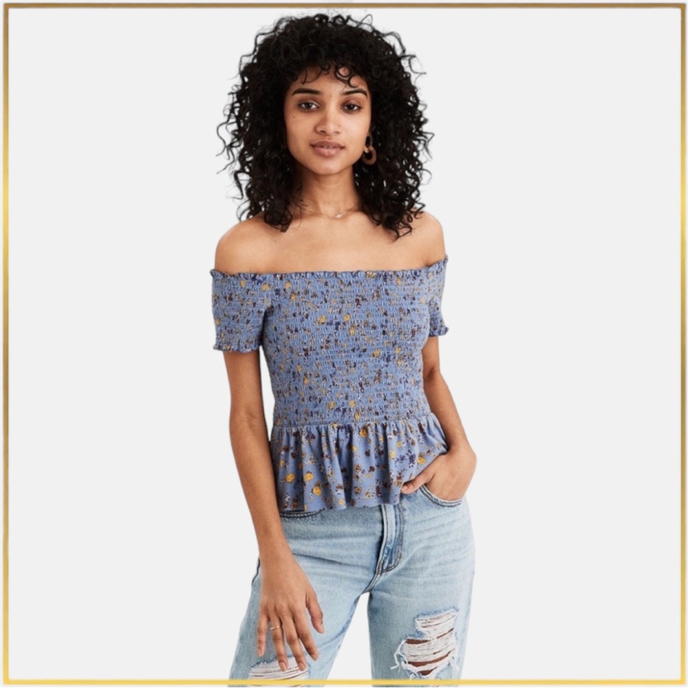 American Eagle Blue Floral Off Shoulder Smocked Peplum Top Women’s Size M - Picture 4 of 11